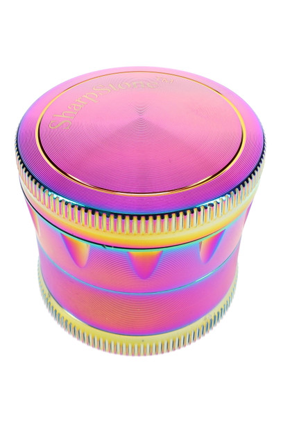 50 mm rainbow SharpStone grinder shown at angle for smoke shop accessory shelves