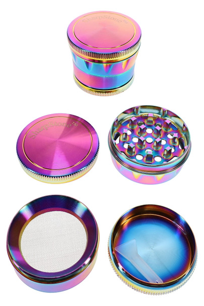 SharpStone 4-part rainbow metal grinder opened to show interior grinder sections