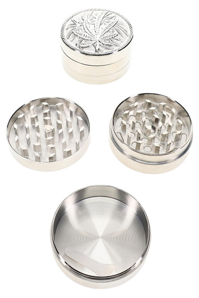 50 mm 3-part metal grinder opened to show grinding teeth and interior chamber