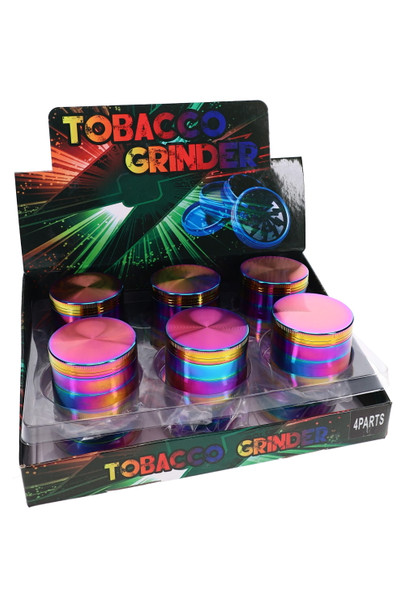 2" rainbow zinc alloy metal grinder shown closed for smoke shop accessory displays