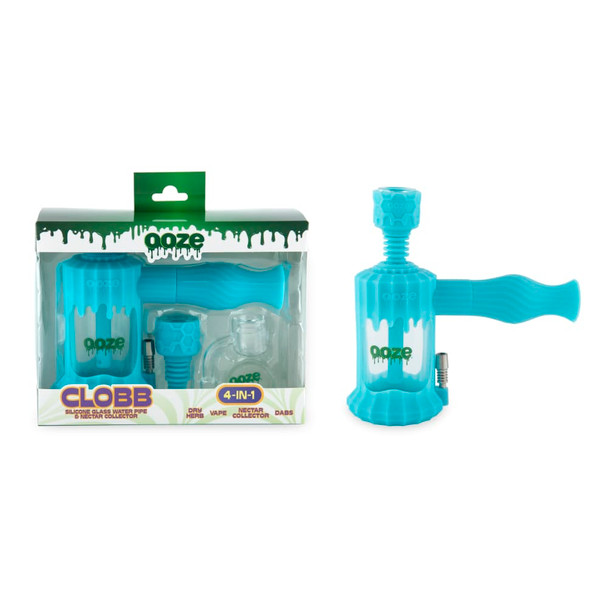 Retail-packaged Ooze Clobb 4-in-1 water pipe with included accessories displayed next to assembled unit