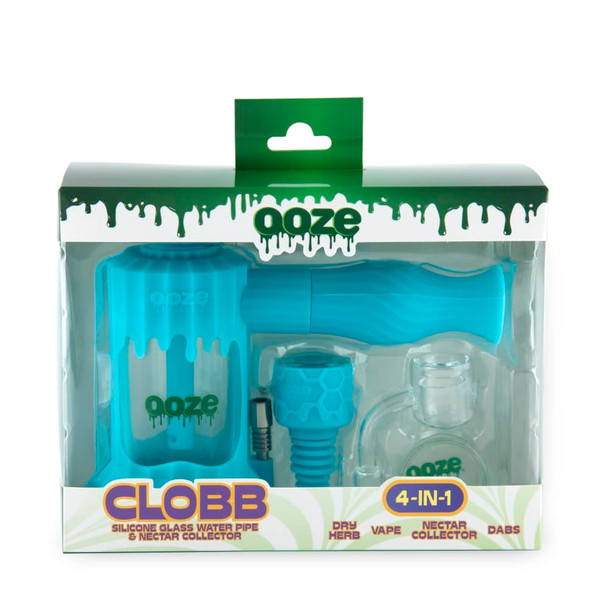 Retail-packaged Ooze Clobb 4-in-1 hybrid silicone and glass water pipe kit with included accessories visible in hang-tab display box