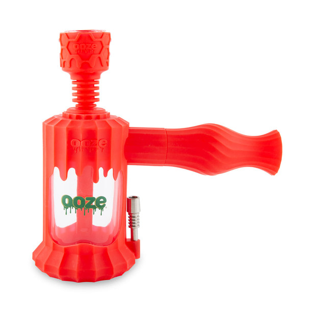 Scarlet red Ooze Clobb 4-in-1 hybrid water pipe with clear glass chamber and titanium accessory mount