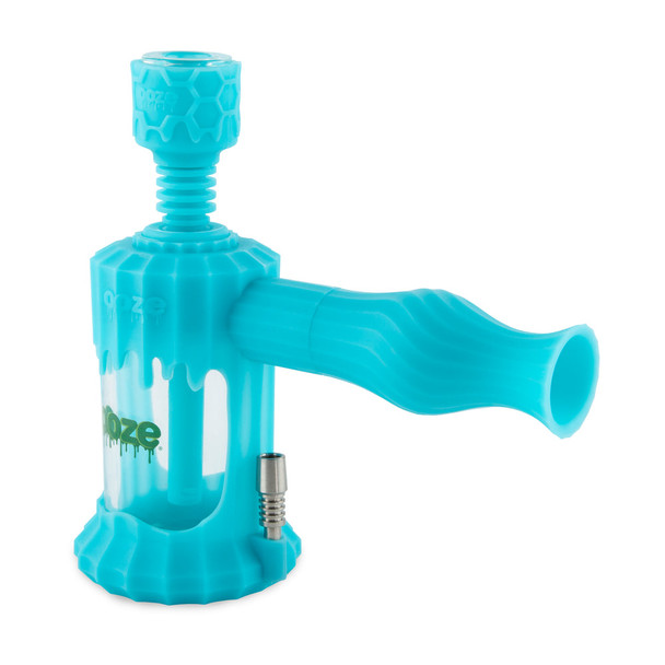 Aqua teal Ooze Clobb hybrid water pipe assembled with bowl attachment and clear glass chamber shown front-facing