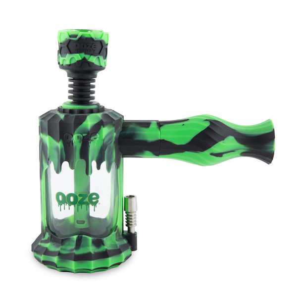 Chameleon green and black Ooze Clobb 4-in-1 hybrid water pipe with marbled silicone finish and glass chamber