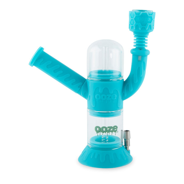 Aqua teal Ooze Cranium 4-in-1 hybrid silicone and glass water pipe with clear filtration chamber and bowl attachment