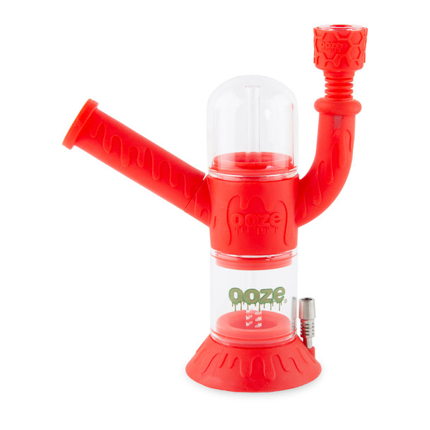 Scarlet red Ooze Cranium 4-in-1 hybrid water pipe featuring silicone exterior, glass chamber, and bowl attachment