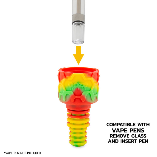 Ooze silicone adapter component in Rasta colorway shown with vape pen compatibility demonstration graphic