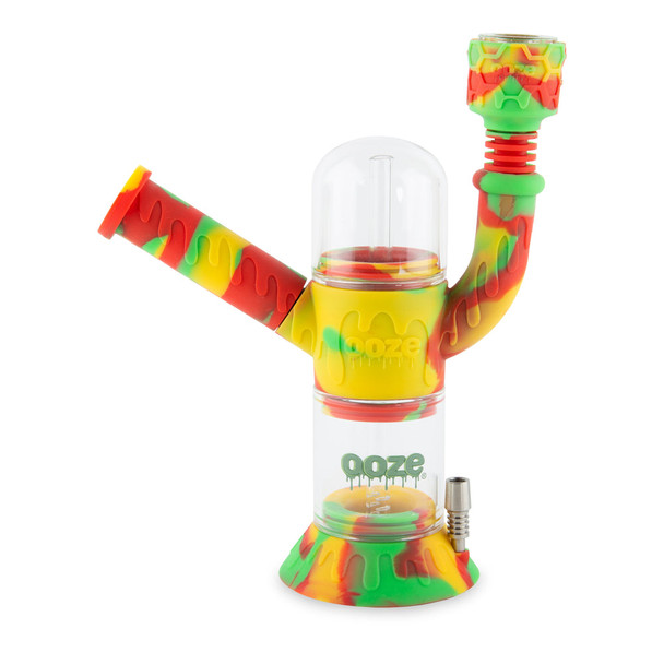 Rasta Ooze Cranium 4-in-1 hybrid water pipe assembled with bowl attachment and clear glass chamber