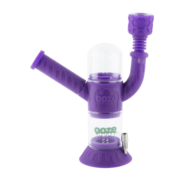 Ultra purple Ooze Cranium hybrid silicone and glass water pipe with clear chamber and integrated accessory mount