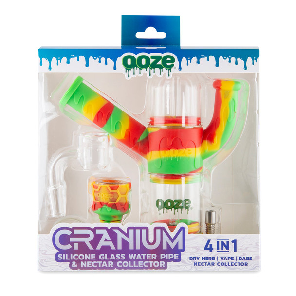 Retail-packaged Ooze Cranium 4-in-1 hybrid water pipe kit with included bowl, banger, and accessory components visible through display box