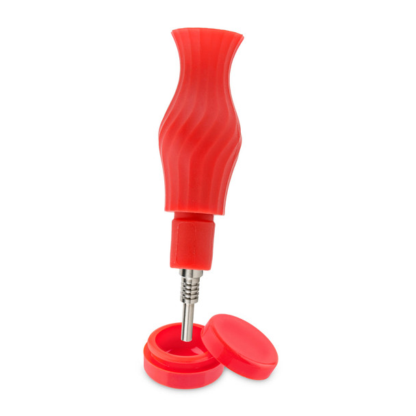 Red Ooze Ozone silicone dab straw with titanium tip and matching silicone storage container