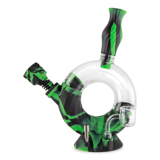Ooze Ozone 4-in-1 hybrid silicone and glass water pipe in black and green swirl finish with quartz banger attachment