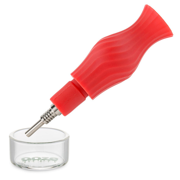 Red Ooze Ozone dab straw attachment positioned above clear glass dish with titanium tip installed