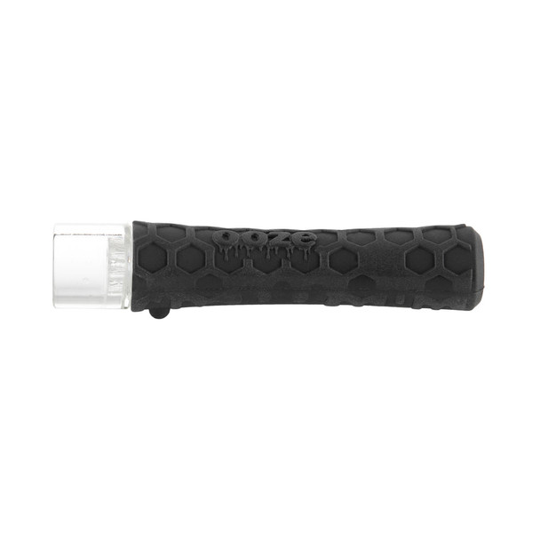 Black silicone chillum configuration with clear glass mouthpiece insert and textured hex-pattern handle