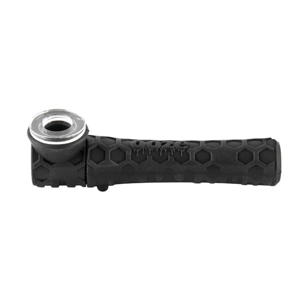 Black Ooze Piper hand pipe assembled with glass bowl and silicone body shown in side profile