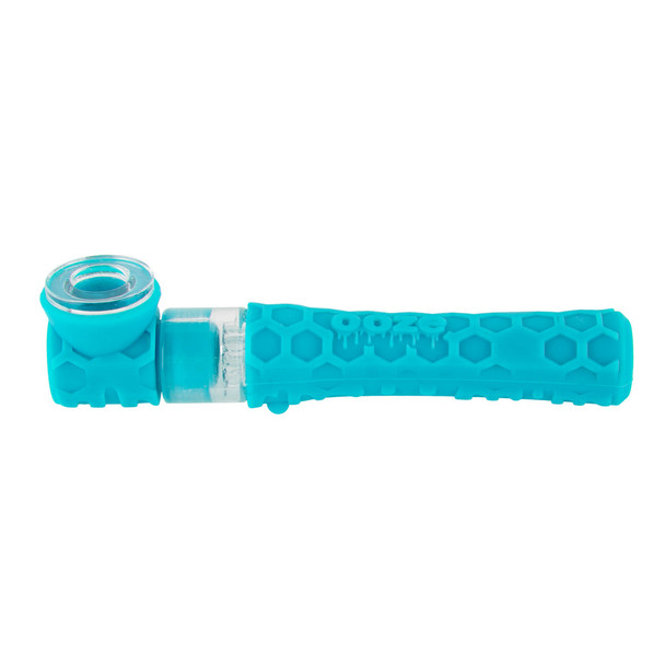 Teal Ooze Piper silicone and glass hand pipe with textured hex-pattern grip and clear glass bowl insert