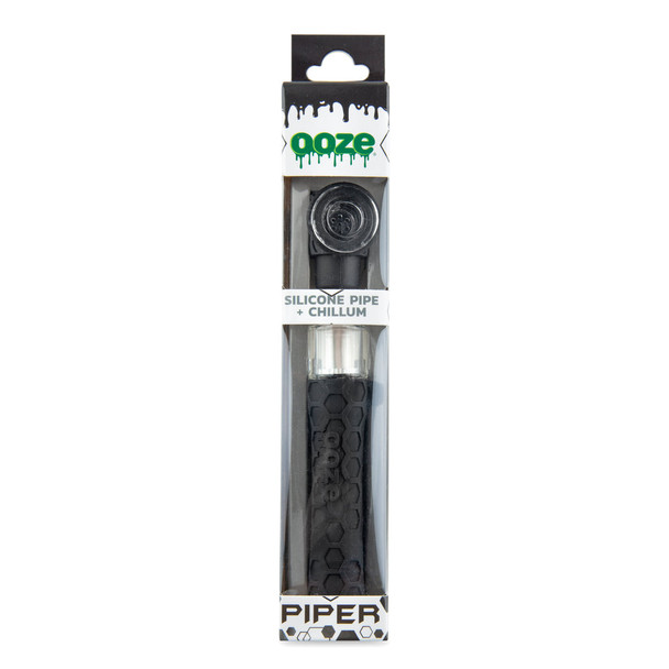 Ooze Piper silicone pipe and chillum in retail packaging with black silicone body and hanging display box