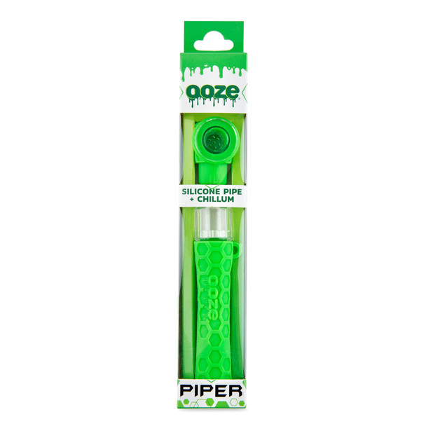 Bright green Ooze Piper silicone pipe and chillum packaged in Ooze branded hanging retail display box