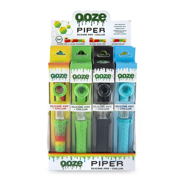 Ooze Piper retail display loaded with assorted silicone pipe and chillum products in branded ready-to-sell packaging