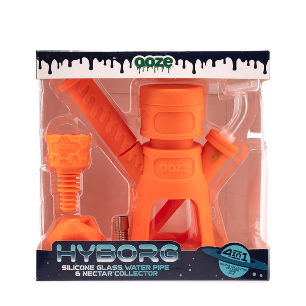 Front view of Ooze Hyborg 4-in-1 hybrid water pipe retail package showing included bowl, titanium tip, and accessories