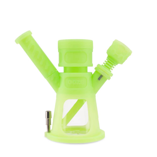 Front view of Ooze Hyborg Glow Green silicone and glass hybrid water pipe with integrated bowl and titanium tip accessory included