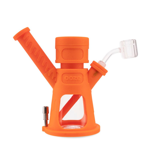 Ooze Hyborg Orange Burst hybrid water pipe configured with quartz banger and titanium tip accessory
