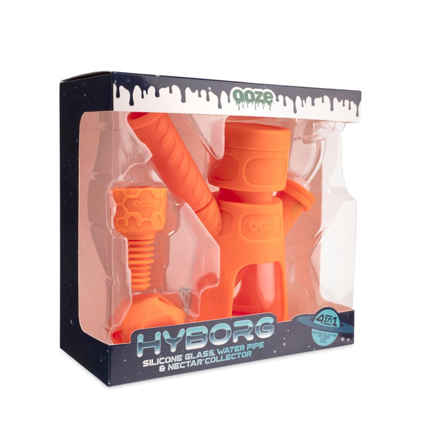 Ooze Hyborg 4-in-1 hybrid water pipe in Orange Burst retail packaging with silicone body and included accessories