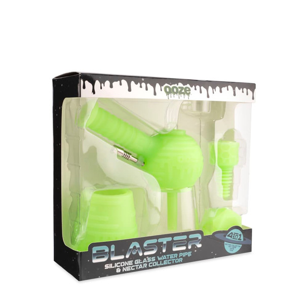 Ooze Blaster 4-in-1 hybrid water pipe kit in Glow Green retail packaging with included accessories and storage components