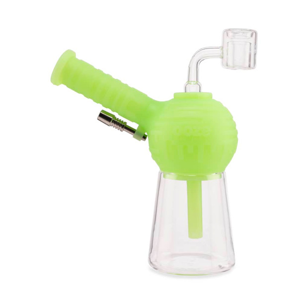 Glow Green Ooze Blaster configured as a water pipe with clear glass base, quartz banger, and internal downstem visible