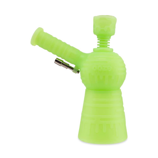 Glow Green Ooze Blaster configured with bowl attachment, silicone body, and integrated titanium tip accessory