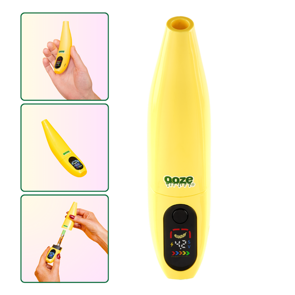 Ooze Peel lifestyle graphic showing banana battery held in hand, angled product view, and removable cap
