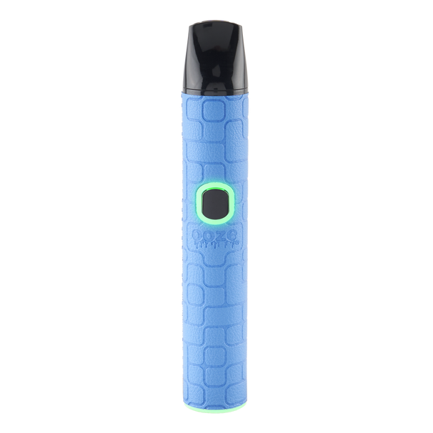 Light blue Ooze Pinch dry herb vaporizer featuring illuminated power button and textured grip pattern