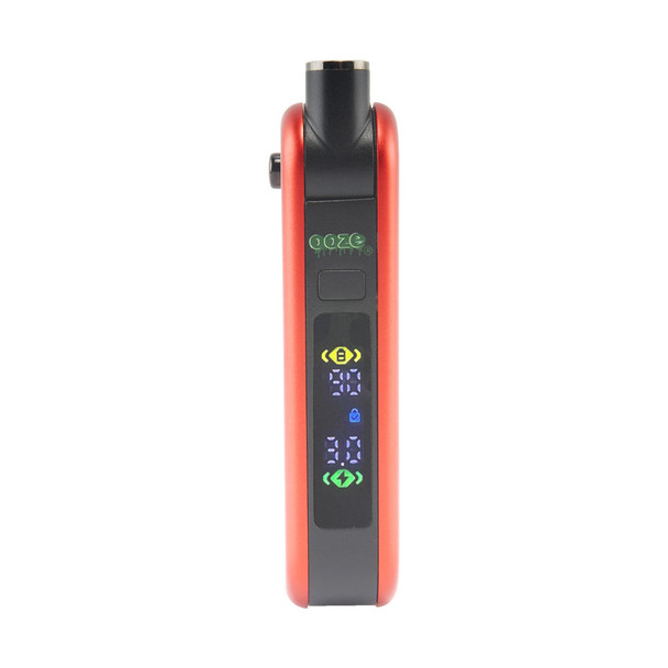 Front view of red Ooze Hinge Flick vape battery with digital display showing voltage and battery status indicators