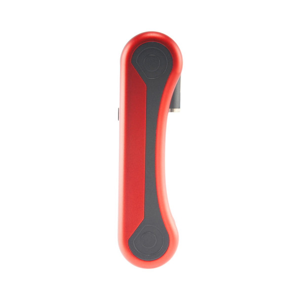 Rear view of red Ooze Hinge Flick battery highlighting curved folding body and concealed cartridge housing
