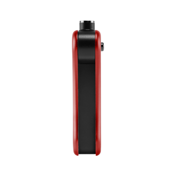 End view of red Ooze Hinge Flick 510 battery showing compact hinge mechanism and slim pocket-friendly profile