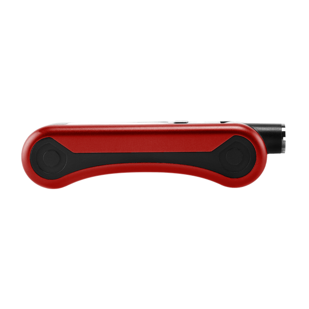 Side profile of red Ooze Hinge Flick battery in closed position with curved hinge body and concealed cartridge compartment