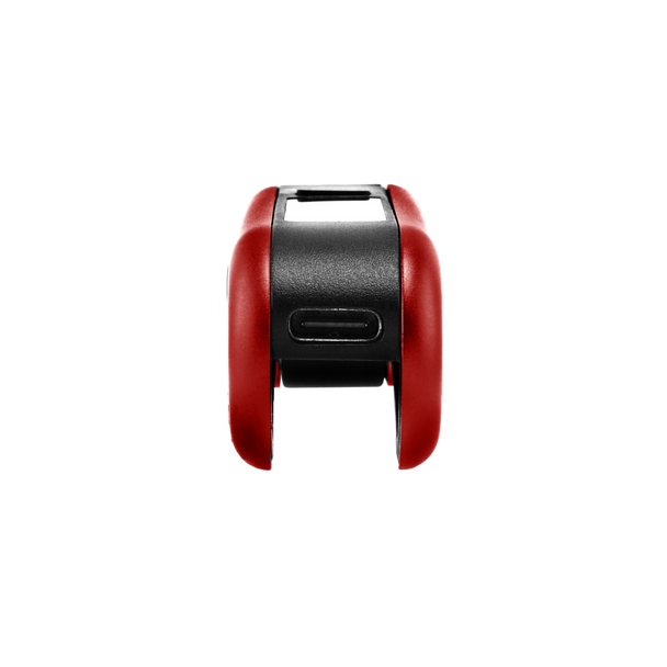 Bottom view of red Ooze Hinge Flick vape battery showing USB-C charging port integrated into the folding hinge design