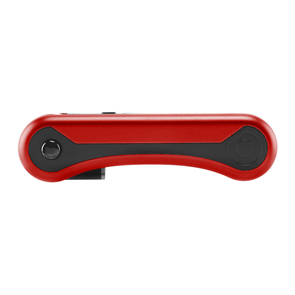 Opposite side view of red Ooze Hinge Flick vape battery folded shut with hidden cartridge storage design
