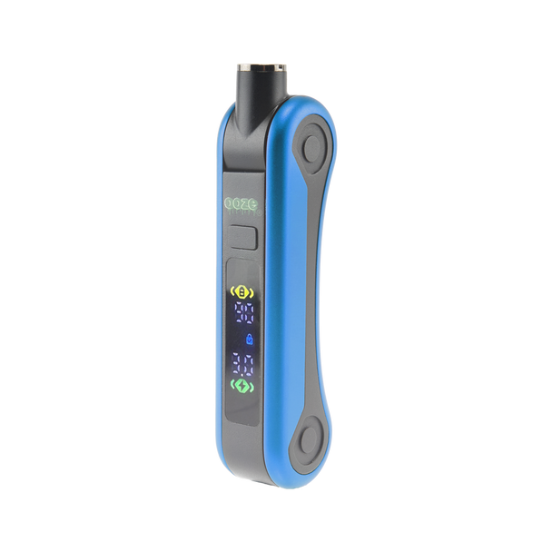 Angled front view of blue Ooze Hinge Flick battery featuring digital screen and foldable cartridge-concealing body