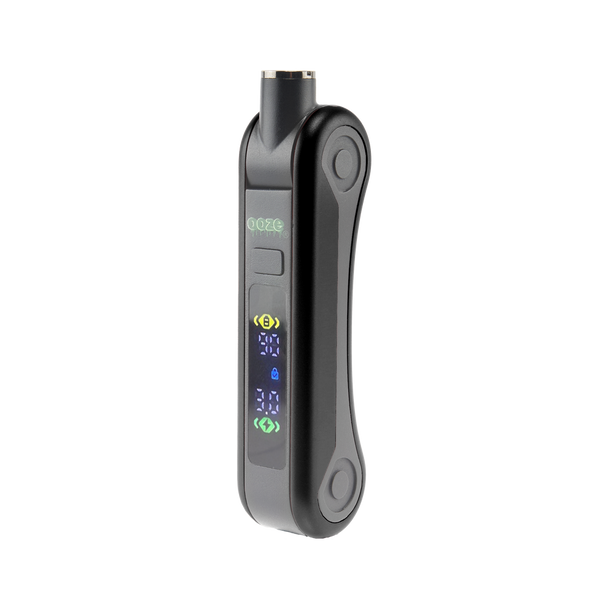 Angled front view of black Ooze Hinge Flick 210 mAh battery with digital display and concealed cartridge compartment