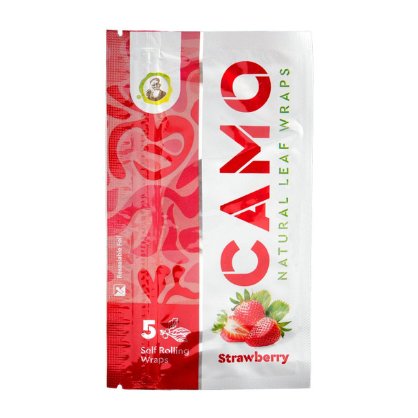 CAMO Strawberry natural leaf wraps pouch featuring strawberry artwork and resealable 5-wrap packaging