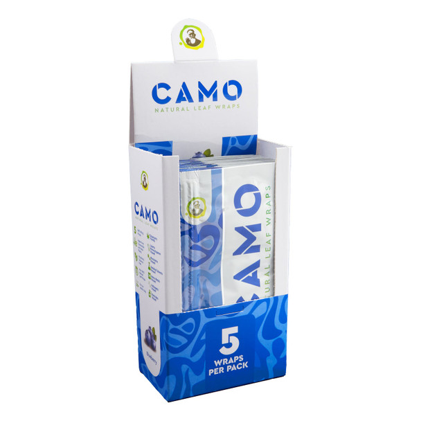 CAMO Blueberry natural leaf wraps display box filled with 5-wrap pouches for checkout counter sales