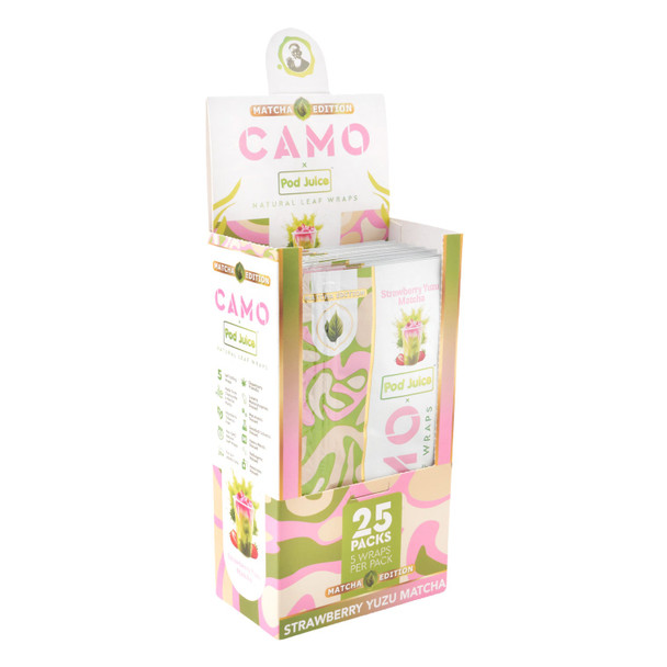 CAMO x Pod Juice Strawberry Yuzu Matcha countertop display stocked with 25 pouches containing 5 wraps each