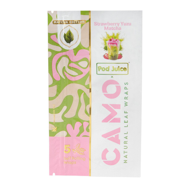 CAMO x Pod Juice Strawberry Yuzu Matcha natural leaf wraps pouch with pink and green matcha-inspired packaging