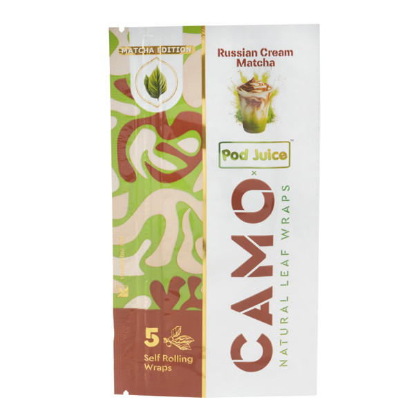 CAMO x Pod Juice Russian Cream Matcha natural leaf wraps pouch with matcha edition branding and 5-wrap format