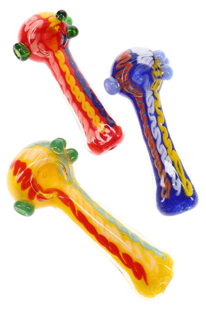 Assorted 5" multicolor squiggle frit glass spoon pipes with raised glass marble accents displayed in red, yellow, and blue color combinations