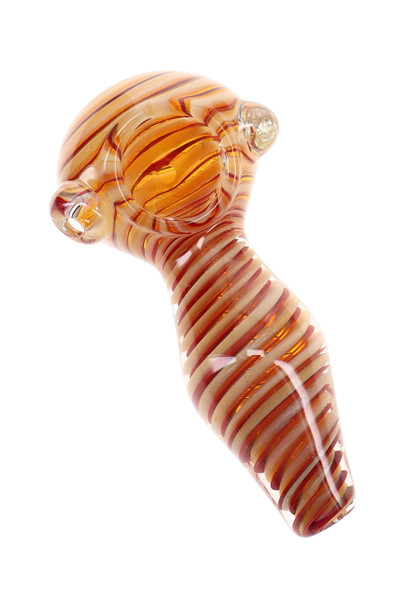 4.5" amber silver fumed glass spoon pipe with cream and burgundy spiral stripes shown at an angled view