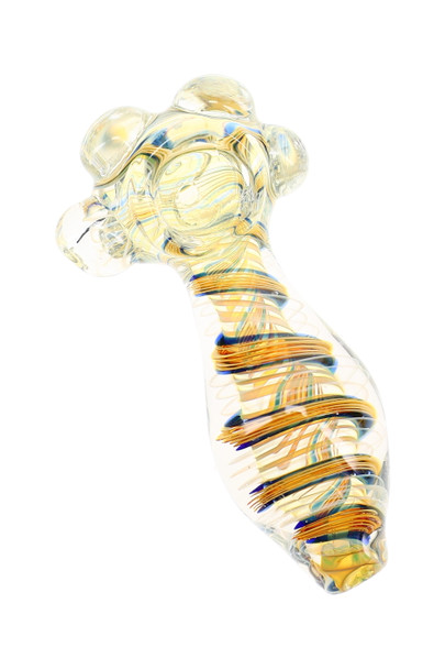 4" ribbon swirl striped color-changing glass spoon pipe with clear marbles and gold, blue, and amber accents