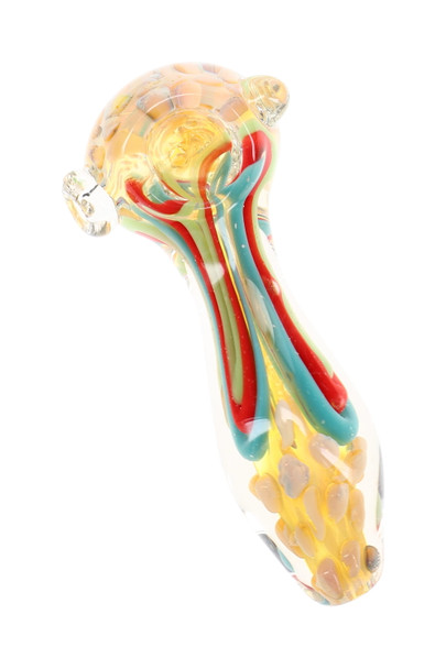 4.5" silver fumed glass spoon pipe with red, teal, and green squiggle stripes, raised dot accents, and clear marble details